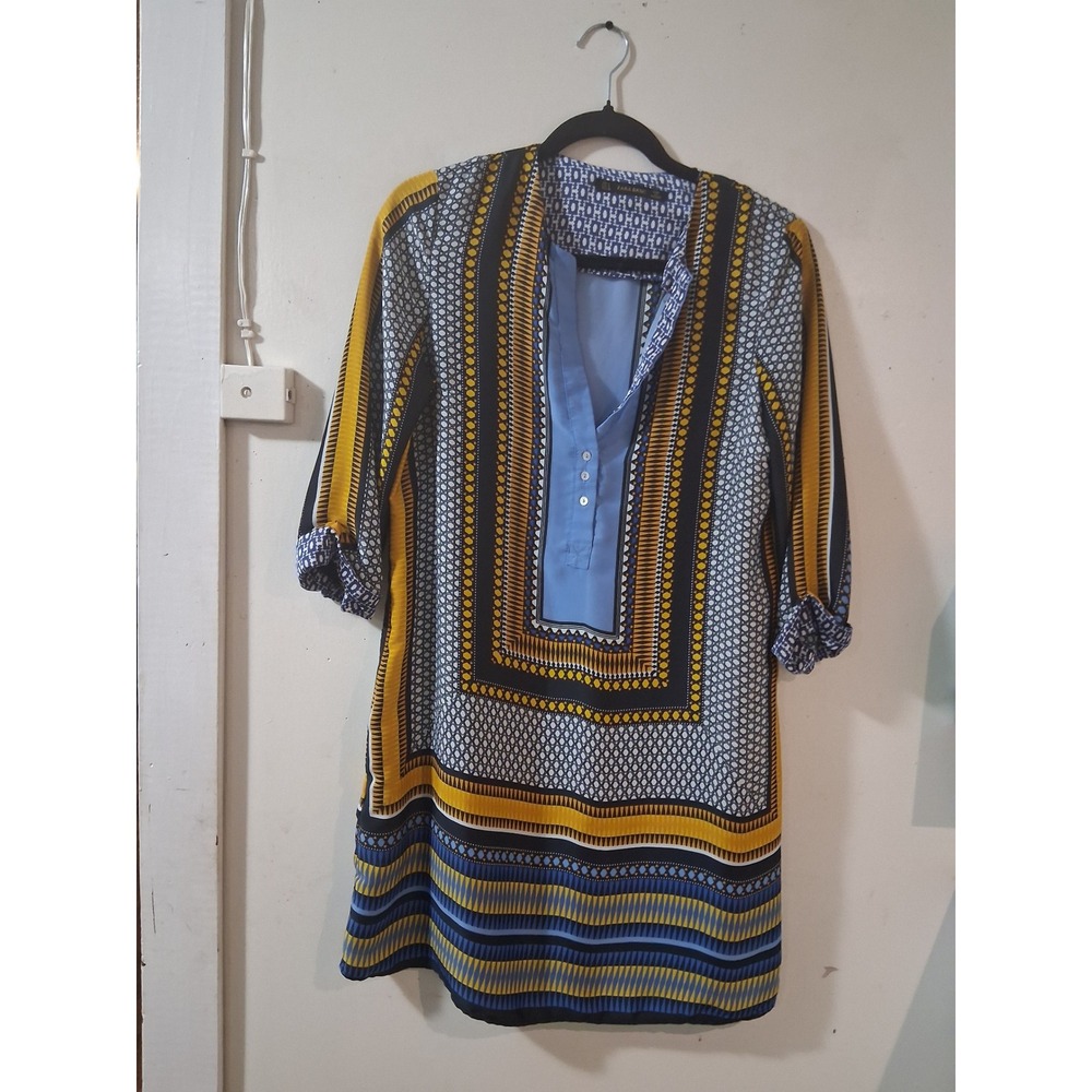 Zara Basic Women Blue Yellow Geometric Tribal Print Roll Tab Sleeve Dress S
